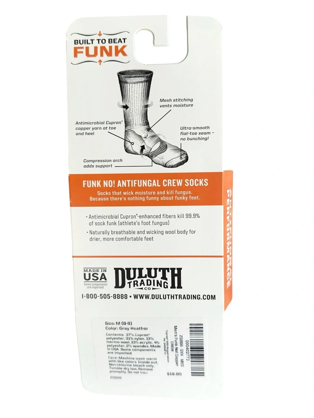 Duluth Trading Co Funk No Antifungal Crew Socks Lightweight Mens Medium 8-9 USA
